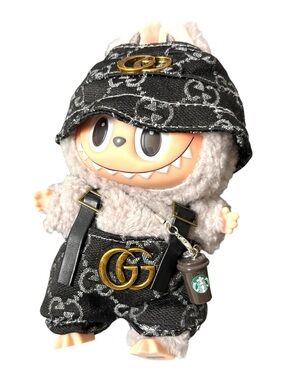 POP MART Labubu Macaroon Doll with cute denim outfit